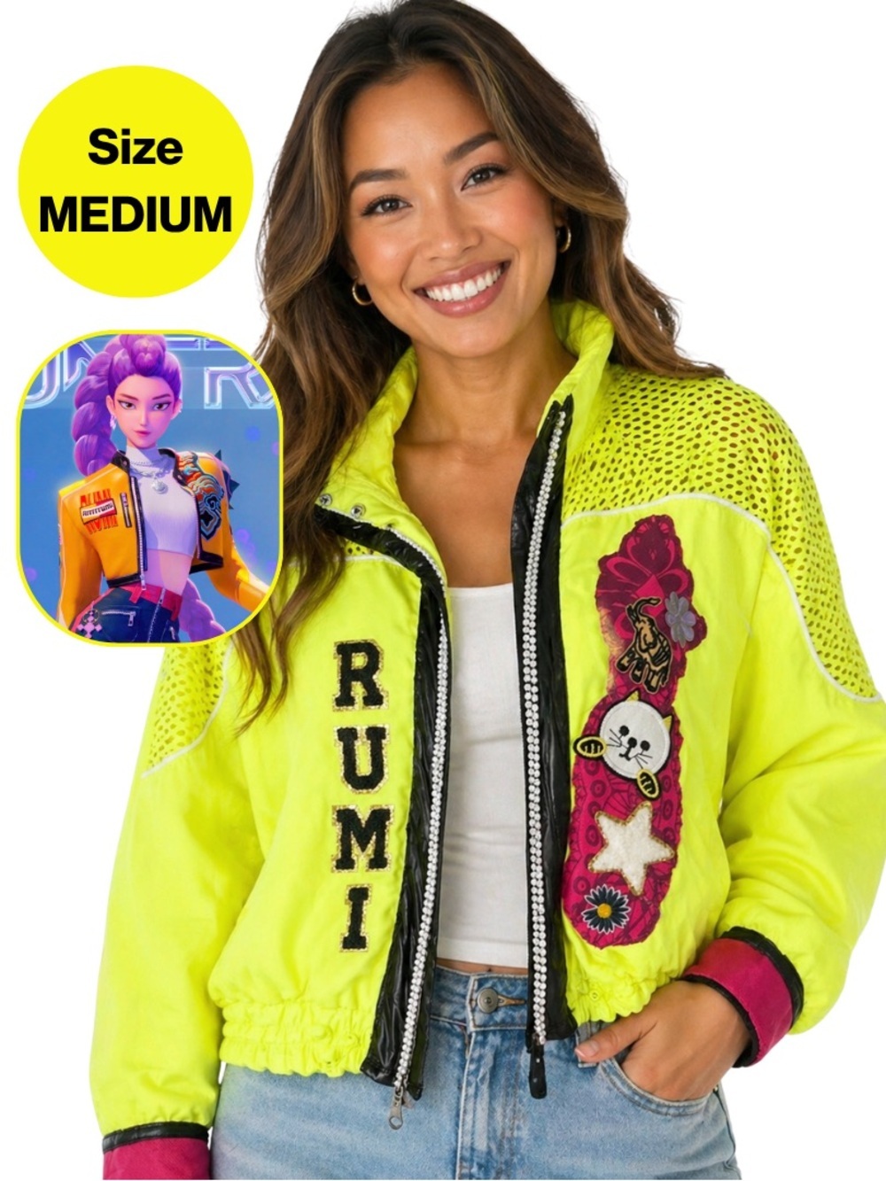 RUMI/HUNTRIX Inspired Neon Yellow Hooded Windbreaker w/Patches (Women’s Medium)